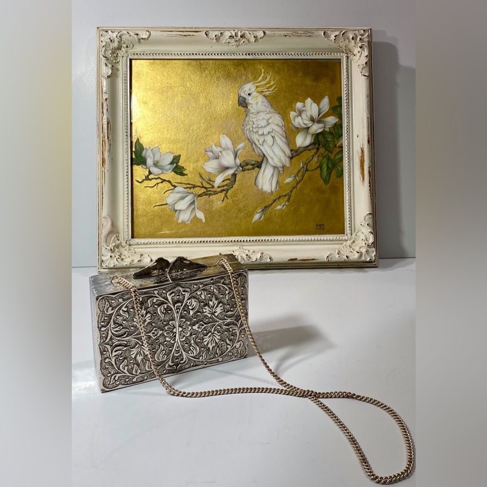 Vintage silver box purse with intricate design